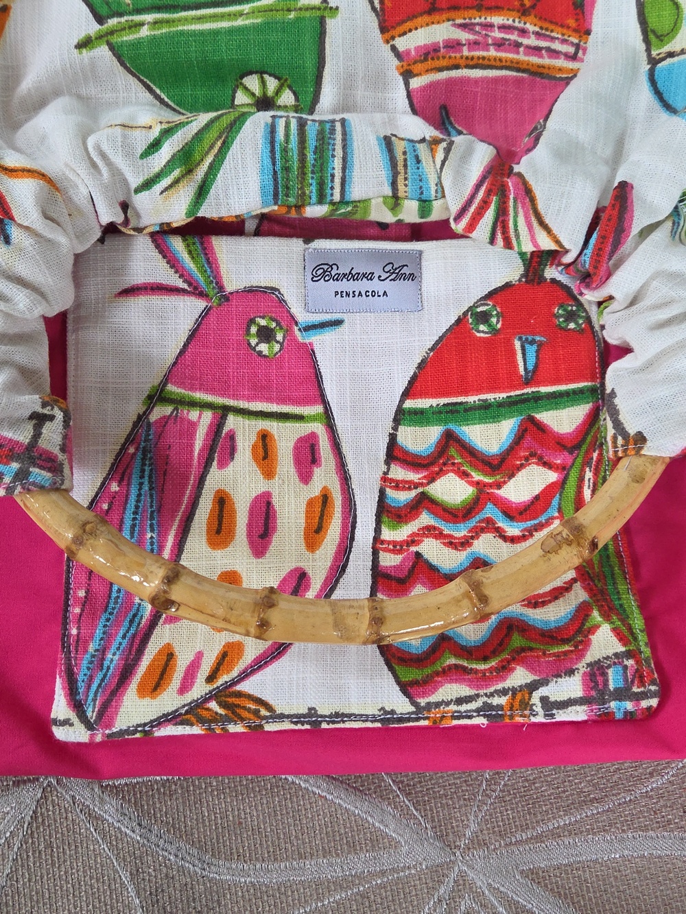 Vintage Bird, Cotton Barkcloth Handbag With Bamboo Handles! - Picture 5 of 8